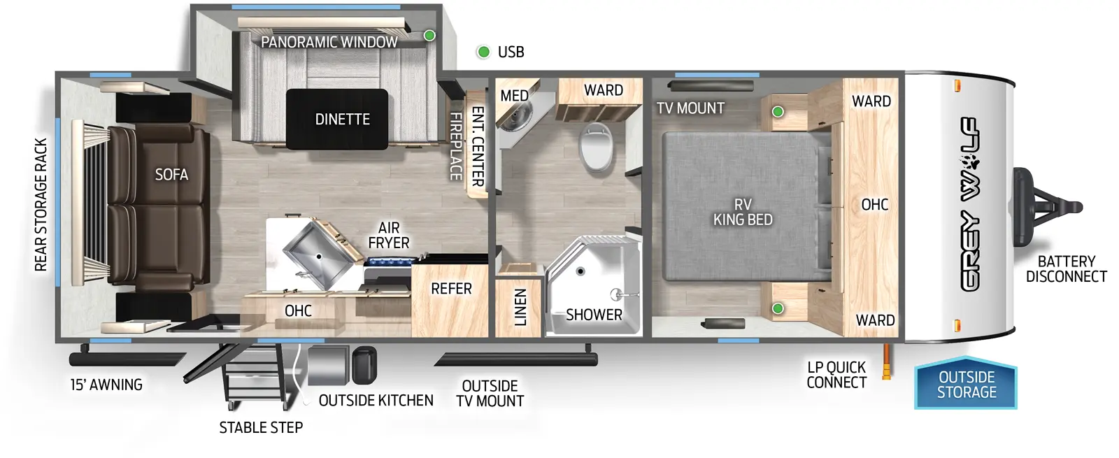 The Grey Wolf 23MK floorplan has one entry and one slide out. Exterior features include: metal exterior, 15' awning and outside kitchen. Interiors features include: u-dinette, front bedroom, rear living and pass through bathroom.